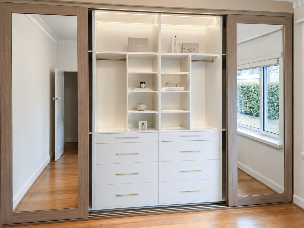 Built-in robe with double hanging and drawer storage