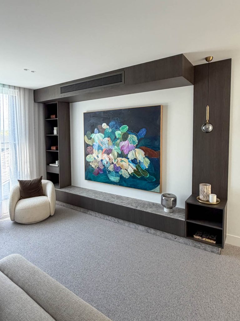 Custom living room joinery and display shelving, Melbourne