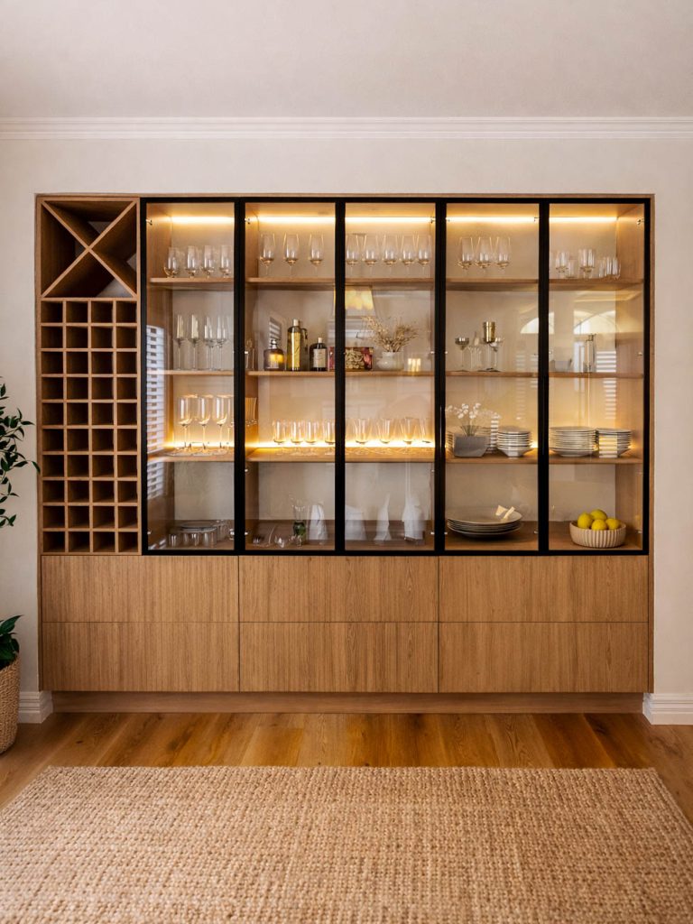 Custom living room joinery and display shelving, Melbourne
